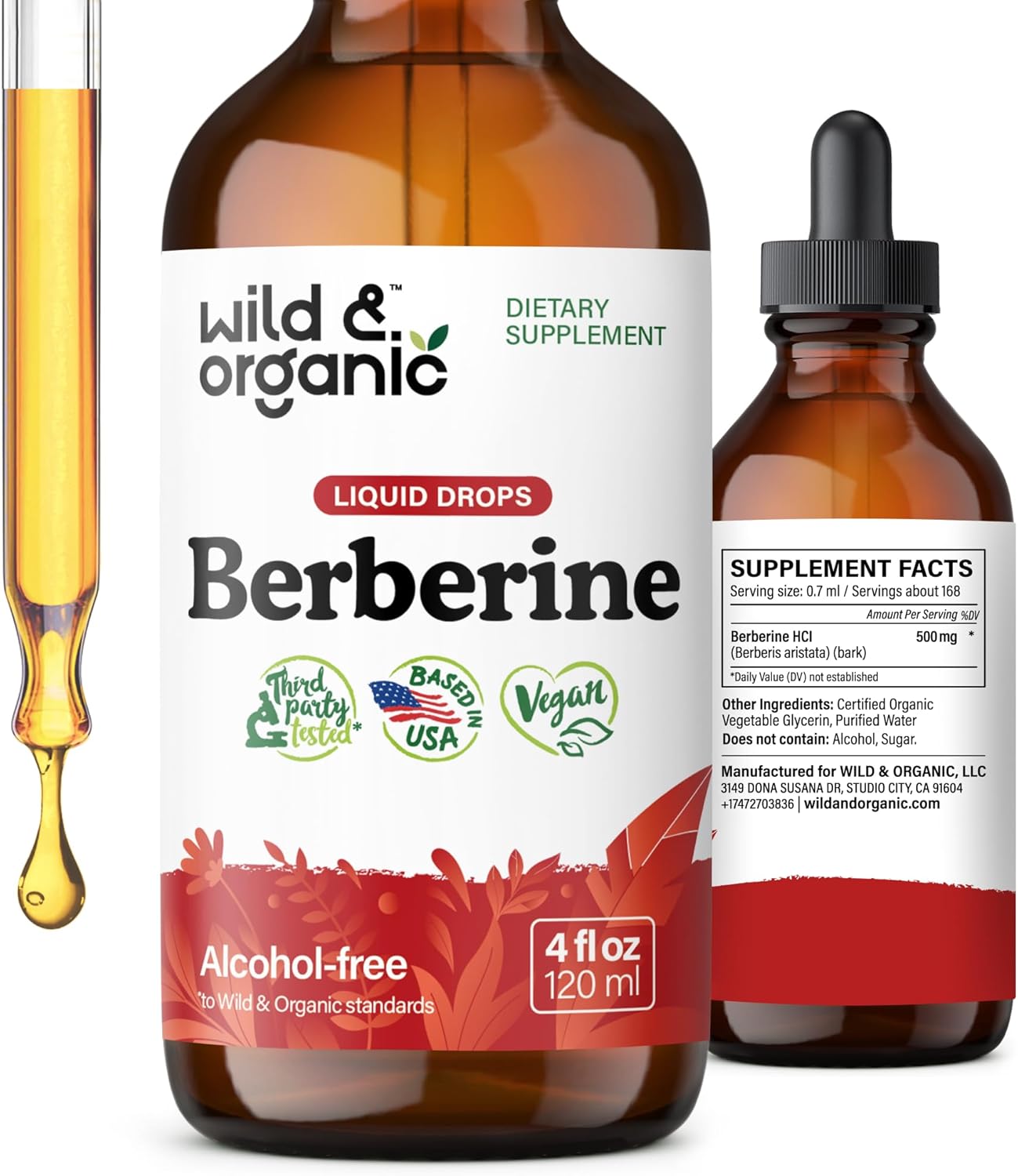 Organic Berberine Drops 500mg - Liquid HCL Supplement for Overall Support - Pure Extract Tincture - Vegan & Sugar-Free - 4 fl oz