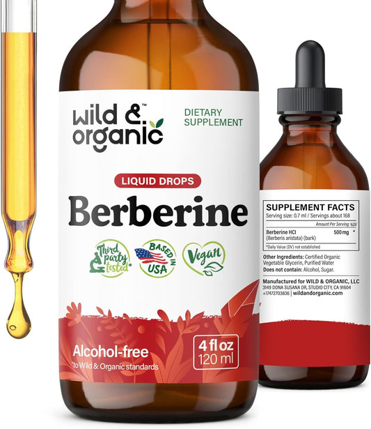 Organic Berberine Drops 500mg - Liquid HCL Supplement for Overall Support - Pure Extract Tincture - Vegan & Sugar-Free - 4 fl oz