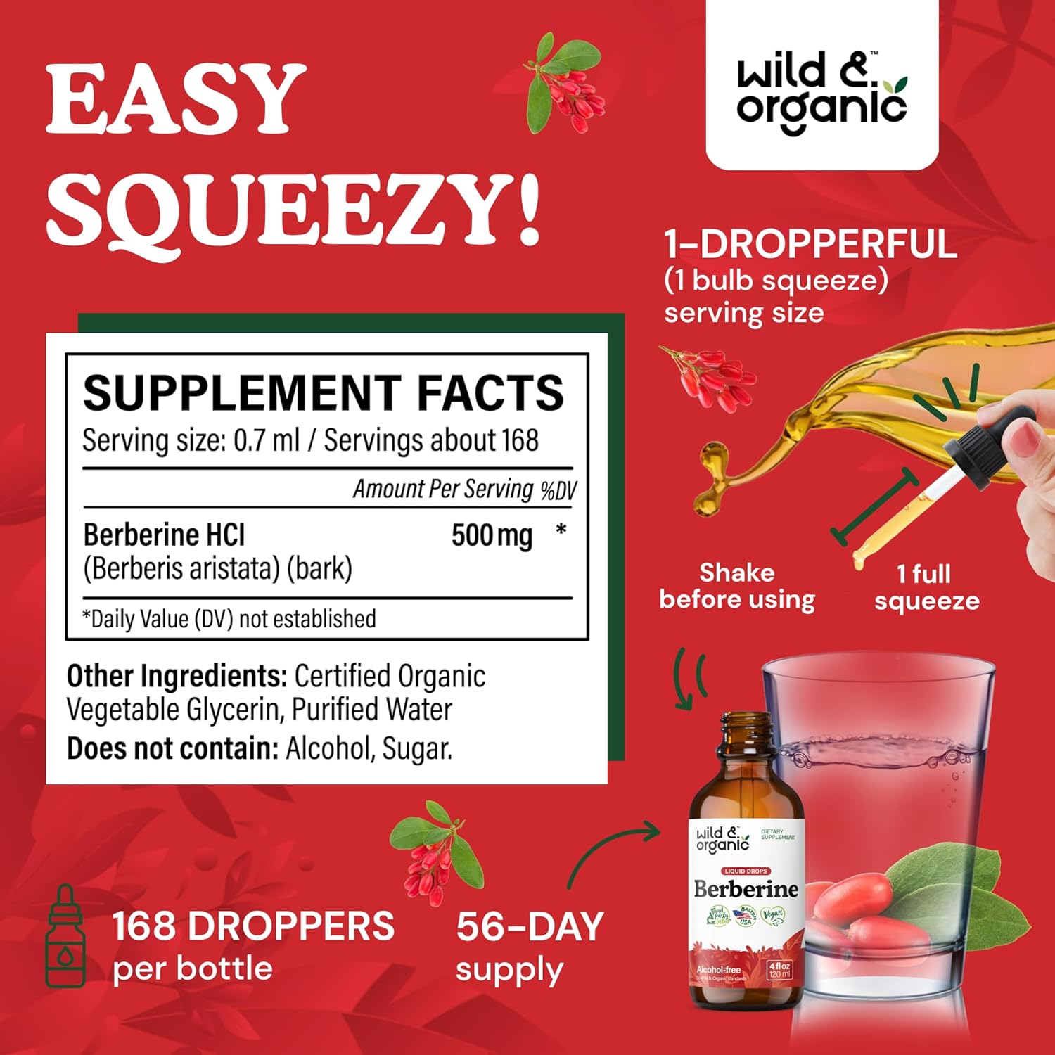 Organic Berberine Drops 500mg - Liquid HCL Supplement for Overall Support - Pure Extract Tincture - Vegan & Sugar-Free - 4 fl oz