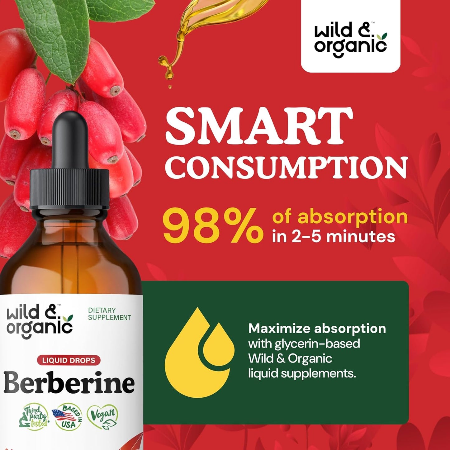 Organic Berberine Drops 500mg - Liquid HCL Supplement for Overall Support - Pure Extract Tincture - Vegan & Sugar-Free - 4 fl oz