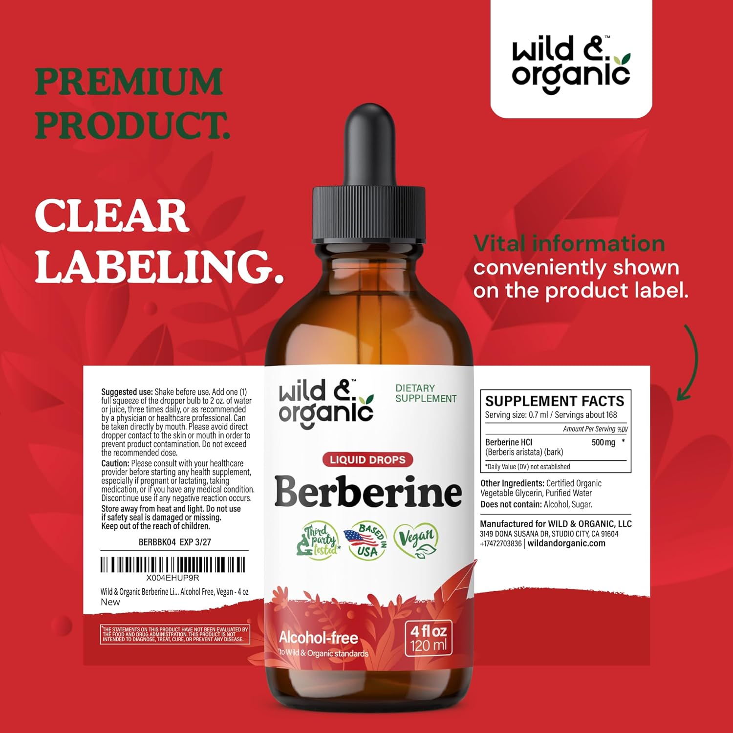 Organic Berberine Drops 500mg - Liquid HCL Supplement for Overall Support - Pure Extract Tincture - Vegan & Sugar-Free - 4 fl oz