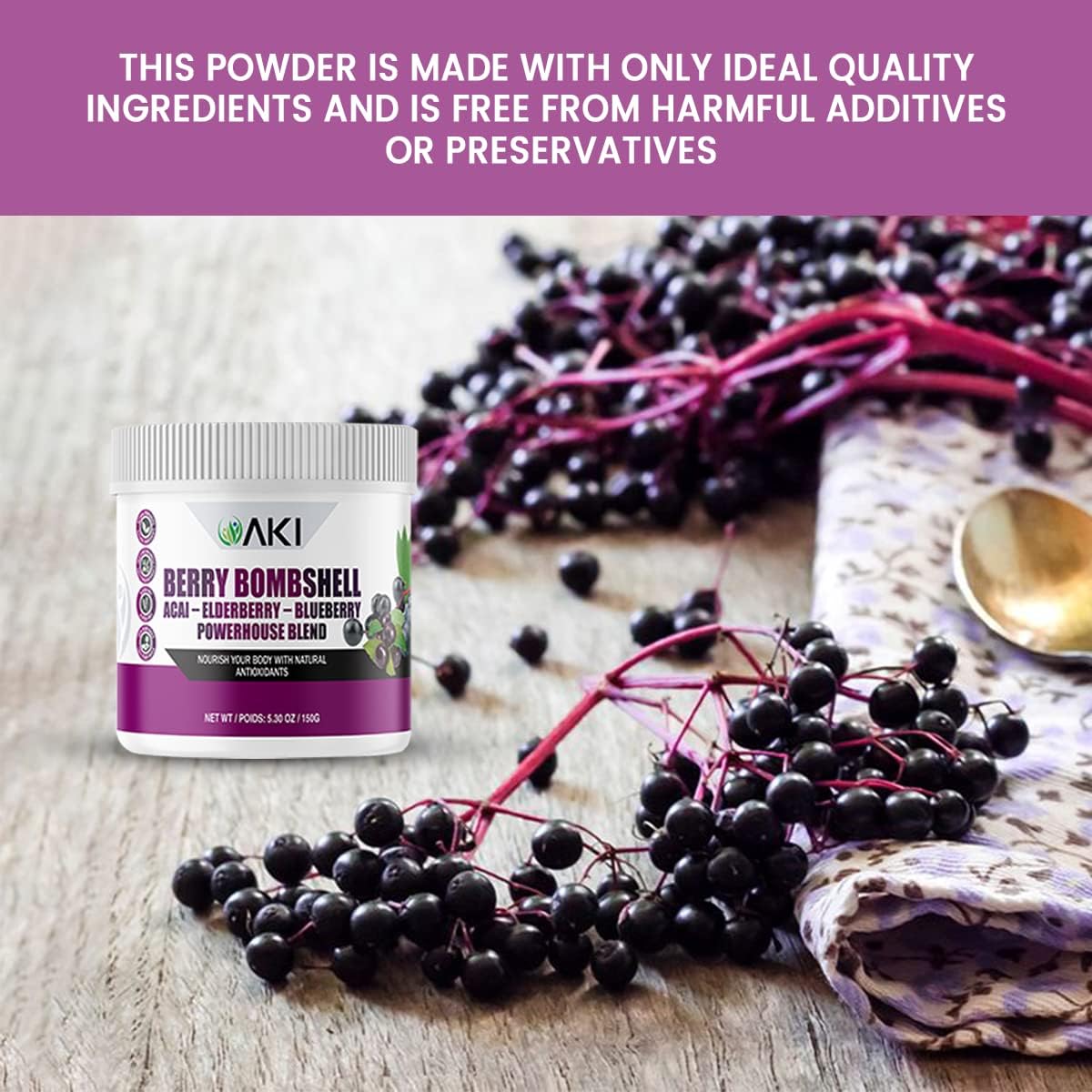 Organic Berry Bombshell Superfood Blend - Acai, Elderberry, Blueberry (5.3oz/150g) - Nutritious, Delicious, Vegan, Gluten-Free