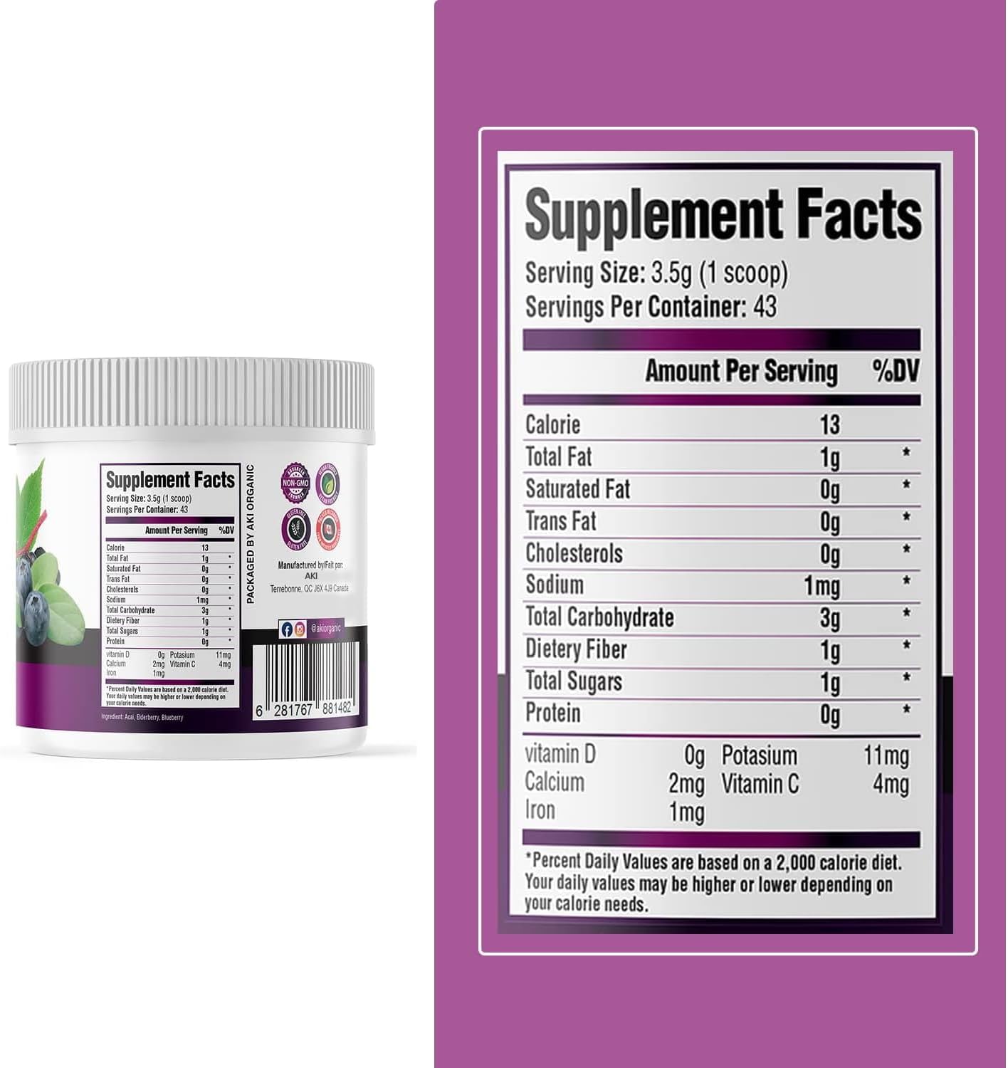 Organic Berry Bombshell Superfood Blend - Acai, Elderberry, Blueberry (5.3oz/150g) - Nutritious, Delicious, Vegan, Gluten-Free