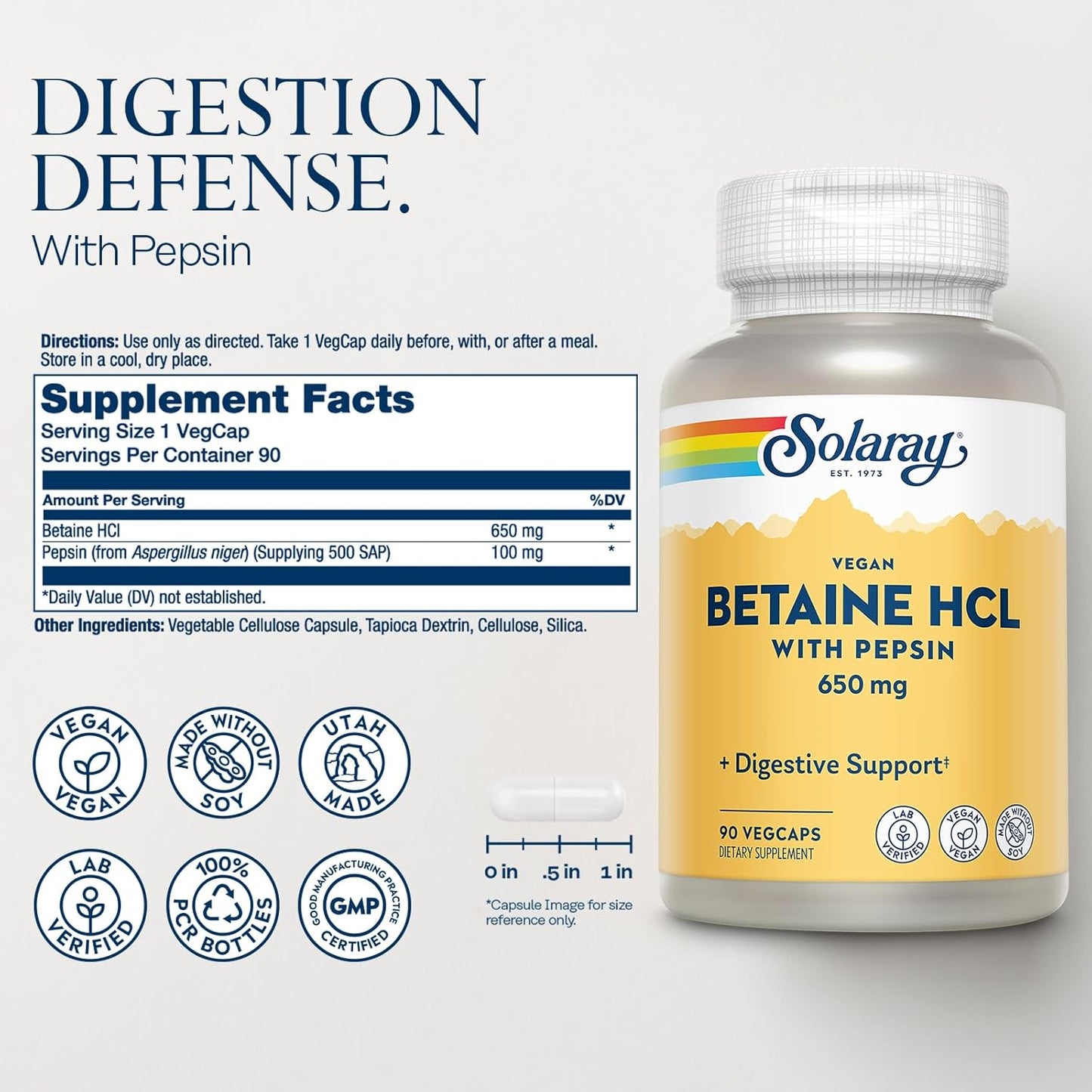 Organic Betaine HCL with Pepsin - Digestive Enzyme Supplement for Gut Health - Vegan Formula with Hydrochloric Acid - 90 VegCaps - 60-Day Guarantee
