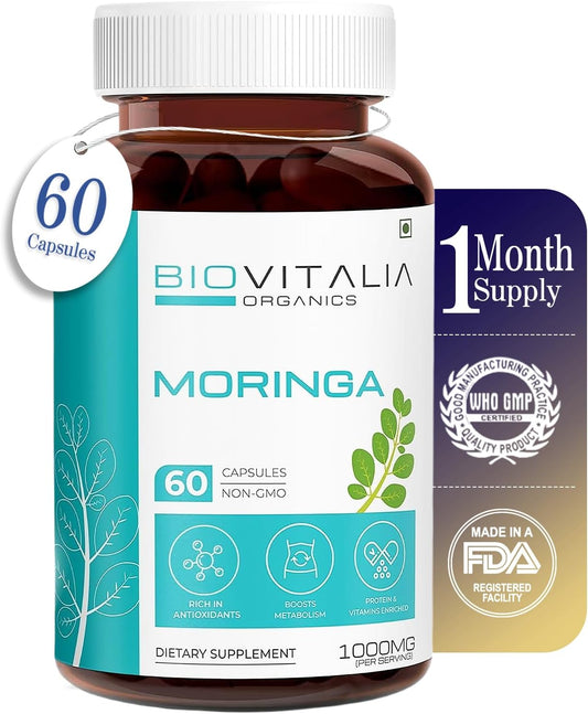 Organic Biovitalia Moringa Capsules 1000mg - Supports Immunity, Metabolism, Digestion, Skin, and Hair - 60 Vegan Capsules