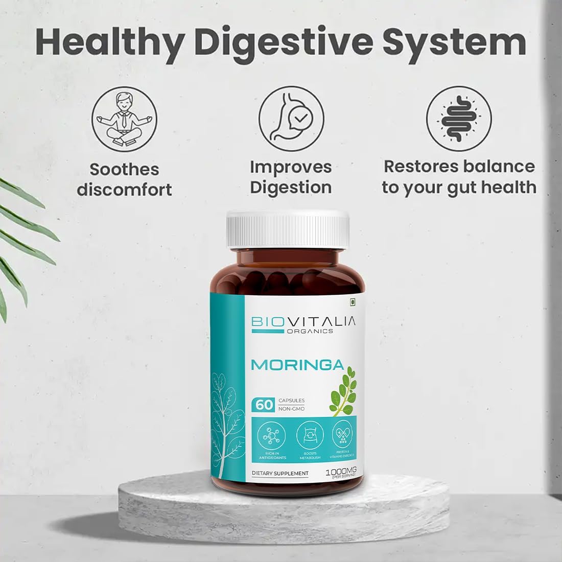 Organic Biovitalia Moringa Capsules 1000mg - Supports Immunity, Metabolism, Digestion, Skin, and Hair - 60 Vegan Capsules