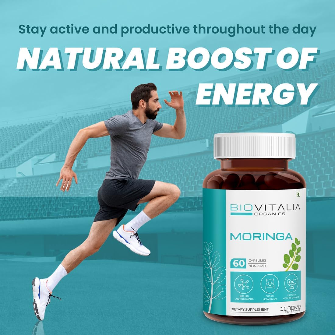 Organic Biovitalia Moringa Capsules 1000mg - Supports Immunity, Metabolism, Digestion, Skin, and Hair - 60 Vegan Capsules