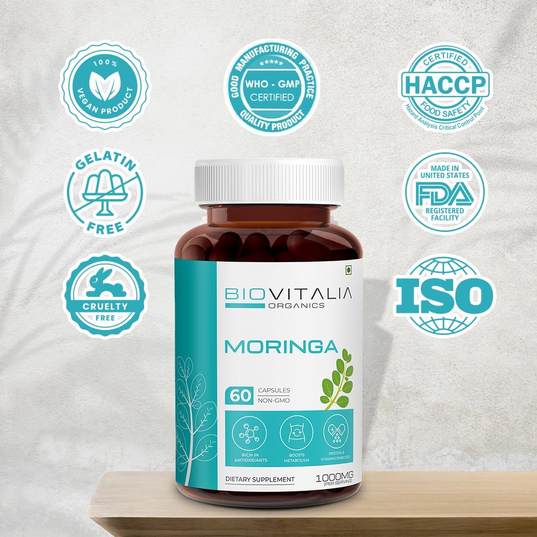 Organic Biovitalia Moringa Capsules 1000mg - Supports Immunity, Metabolism, Digestion, Skin, and Hair - 60 Vegan Capsules