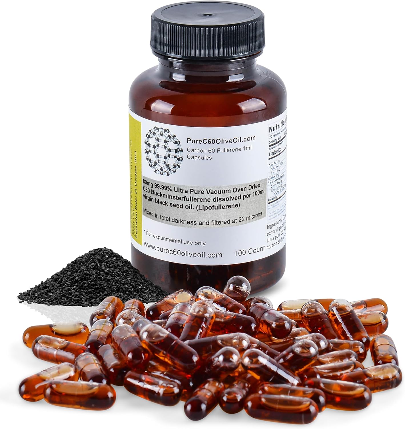 Organic Black Seed Oil Capsules 100ml - 80mg C60 Solvent Free - Food Grade - Leading Global Producer of Carbon 60 Black Seed Oil