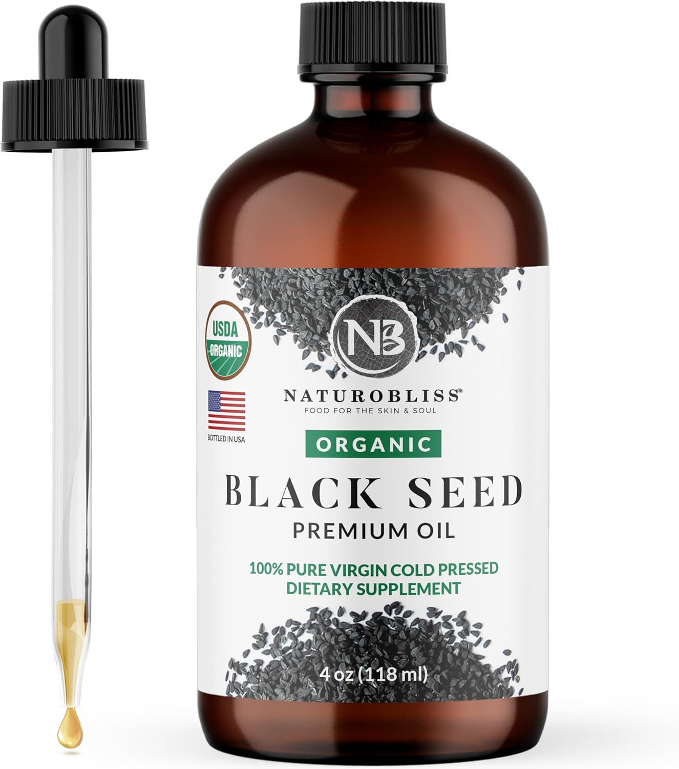 Organic Black Seed Oil Cold Pressed Omega 3 6 9 Antioxidant USDA Certified for Immune Support, Joints, Mobility, Hair Skin Vegan Gluten-Free Non-GMO - 4oz