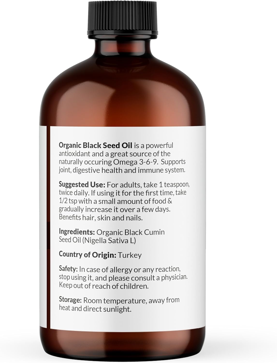 Organic Black Seed Oil Cold Pressed Omega 3 6 9 Antioxidant USDA Certified for Immune Support, Joints, Mobility, Hair Skin Vegan Gluten-Free Non-GMO - 4oz