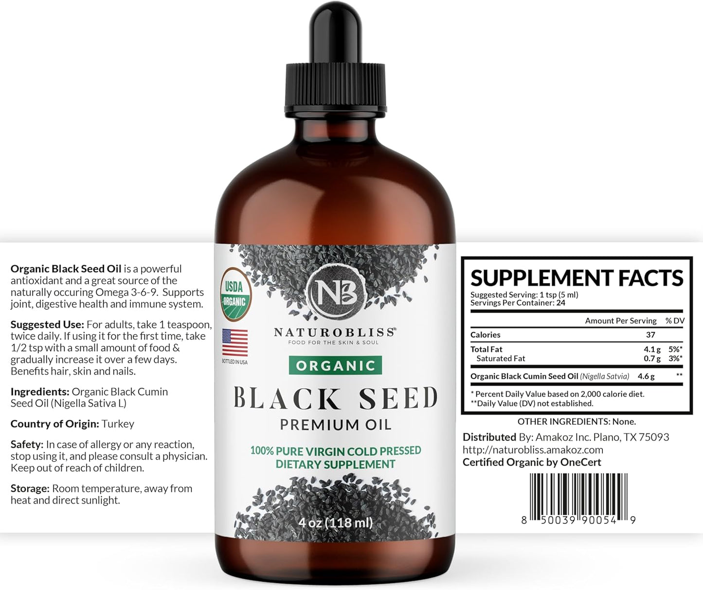 Organic Black Seed Oil Cold Pressed Omega 3 6 9 Antioxidant USDA Certified for Immune Support, Joints, Mobility, Hair Skin Vegan Gluten-Free Non-GMO - 4oz