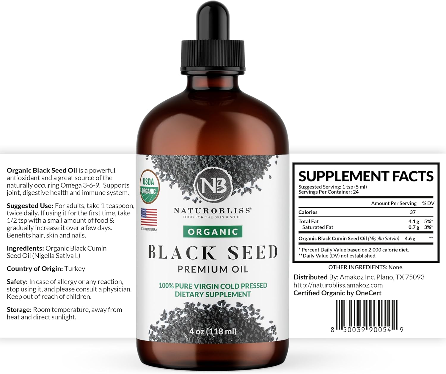 Organic Black Seed Oil Cold Pressed Omega 3 6 9 Antioxidant USDA Certified for Immune Support, Joints, Mobility, Hair Skin Vegan Gluten-Free Non-GMO - 4oz