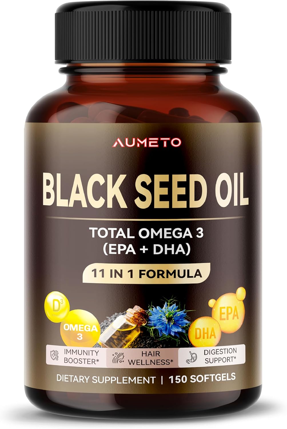 Organic Black Seed Oil Softgels - 150 Count - Cold Pressed Omega 3 Source for Skin, Hair, Immune Support
