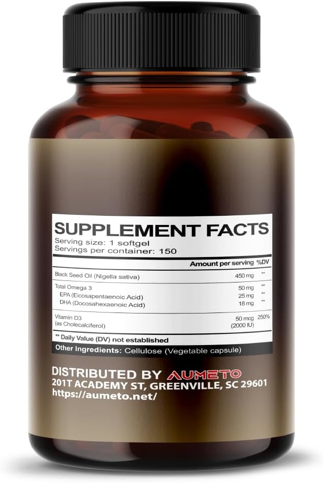 Organic Black Seed Oil Softgels - 150 Count - Cold Pressed Omega 3 Source for Skin, Hair, Immune Support
