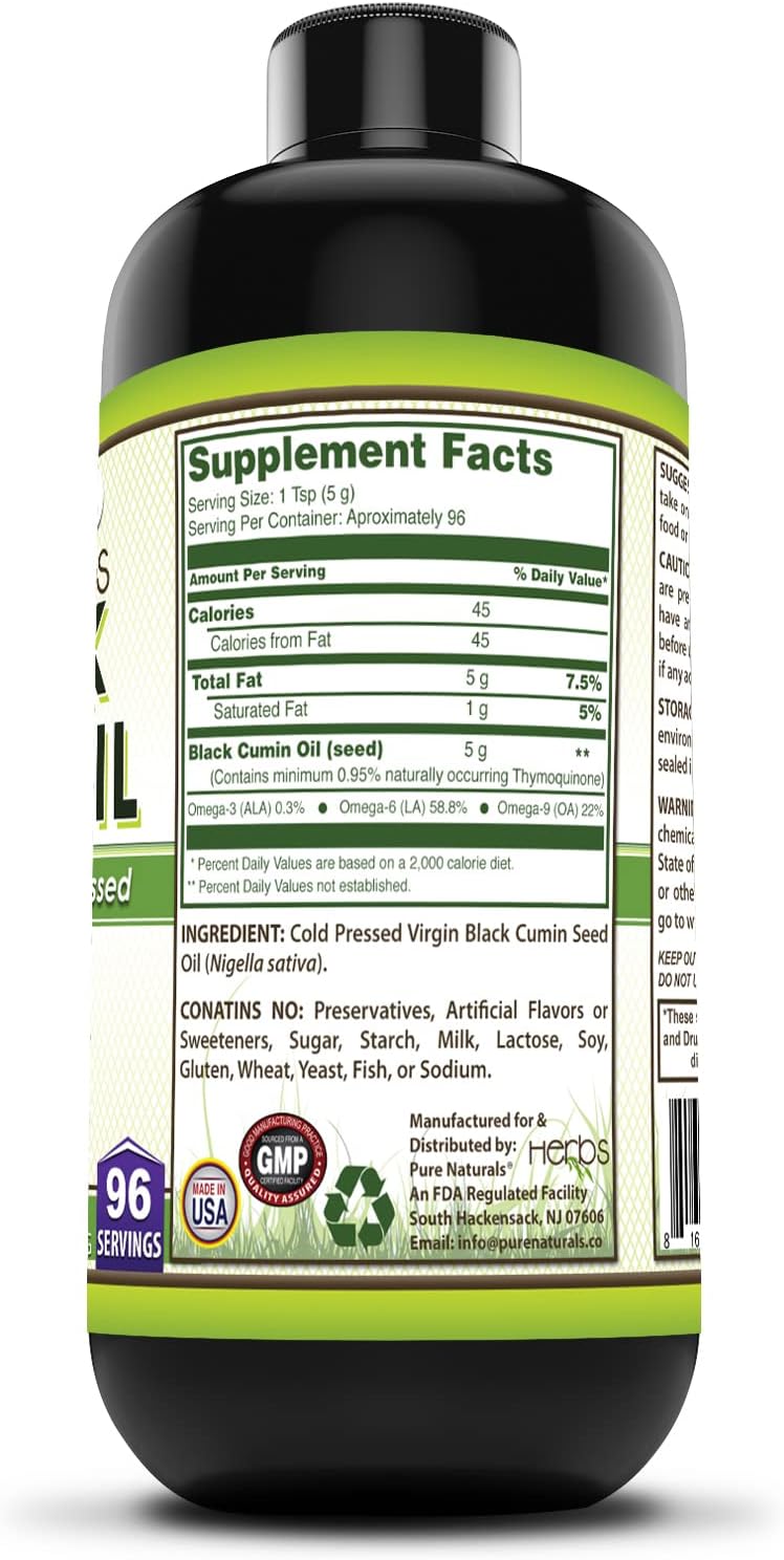 Organic Black Seed Oil Supplement | 16 Oz Bottle | 5 G Per Serving | 96 Servings | Non-GMO & Gluten-Free | USA-Made