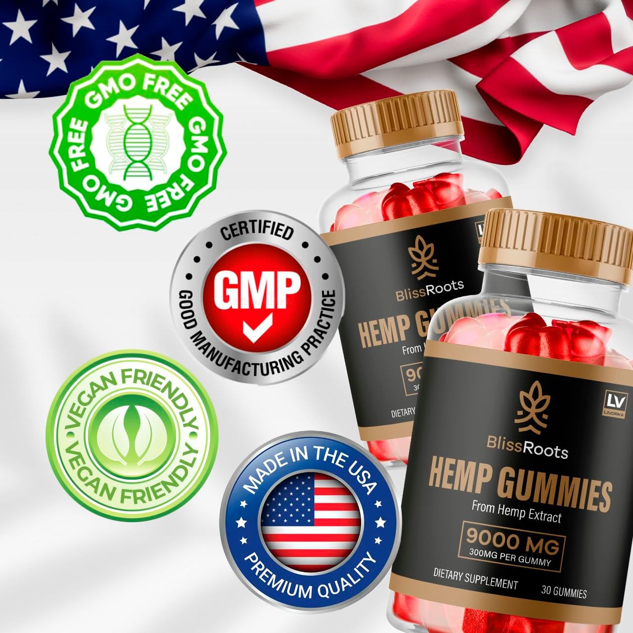 Organic BlissRoots Gummies 90 Count - 3 Month Supply, 300mg per Gummy