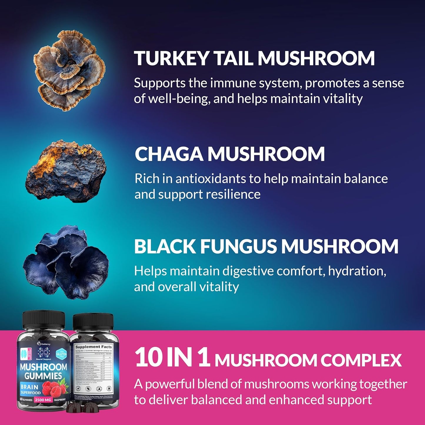 Organic Brain Boost Gummies with Lion’s Mane, Reishi, Cordyceps - Focus & Clarity Support