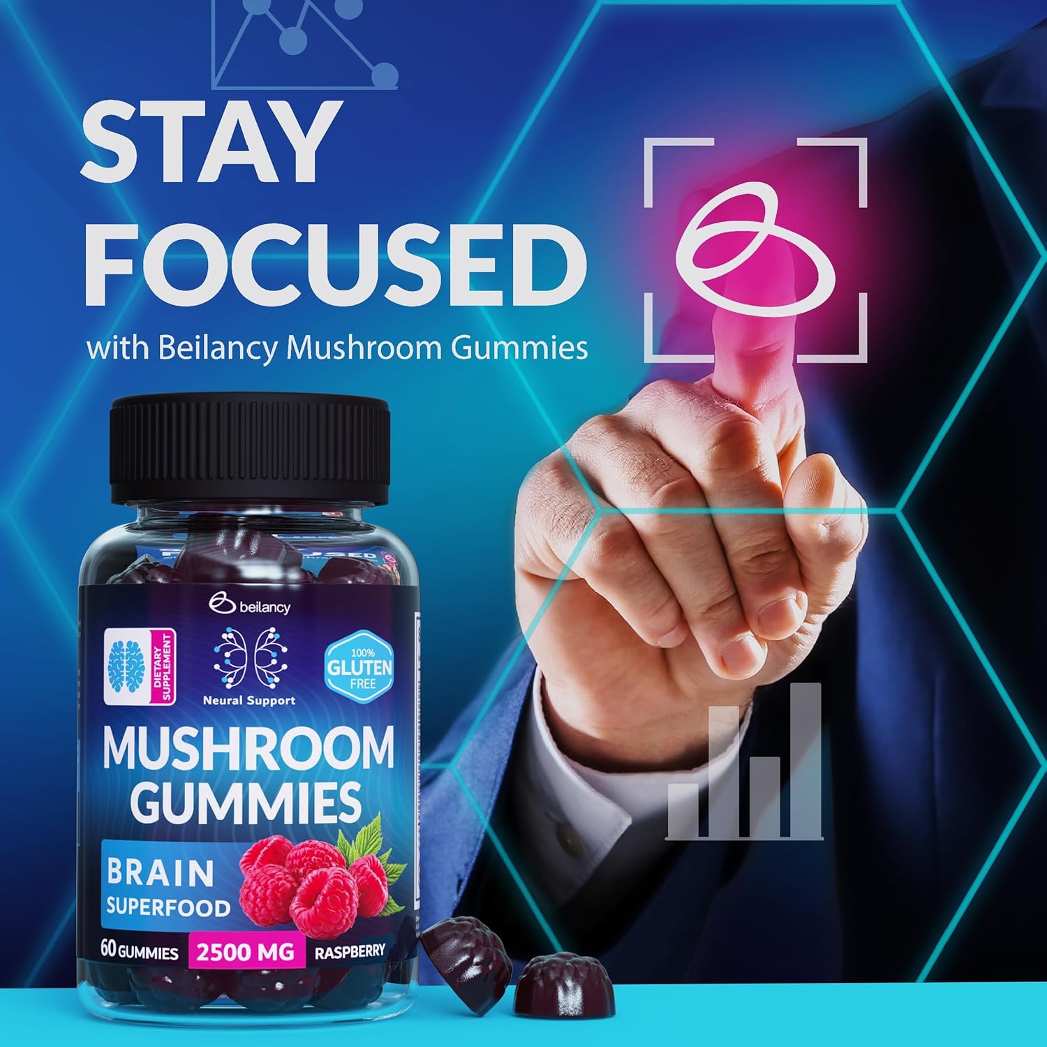 Organic Brain Boost Gummies with Lion’s Mane, Reishi, Cordyceps - Focus & Clarity Support