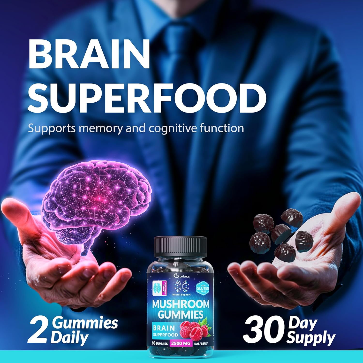 Organic Brain Boost Gummies with Lion’s Mane, Reishi, Cordyceps - Focus & Clarity Support