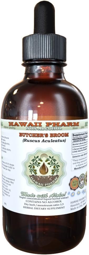 Organic Butcher's Broom Liquid Extract - Alcohol-Free Herbal Supplement - 4 oz Bottle by Hawaii Pharm