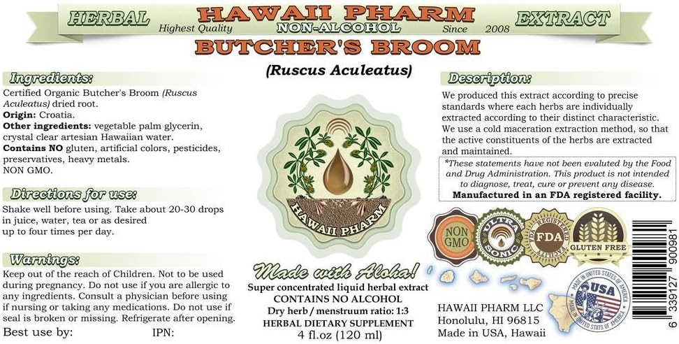 Organic Butcher's Broom Liquid Extract - Alcohol-Free Herbal Supplement - 4 oz Bottle by Hawaii Pharm