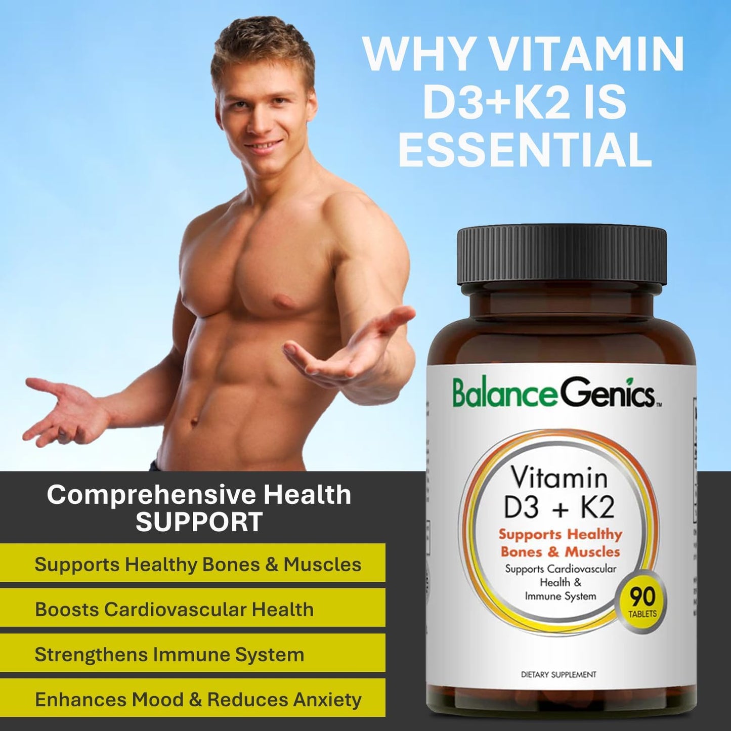 Organic Calcium Supplement with Vitamin D3 & K2 for Strong Bones and Immune Support - 50mcg D3 and 75mcg K2 - Muscle Function and Overall Wellness Formula