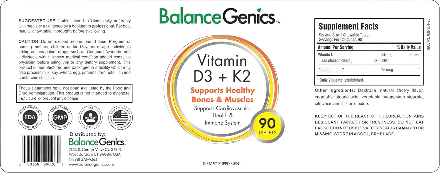 Organic Calcium Supplement with Vitamin D3 & K2 for Strong Bones and Immune Support - 50mcg D3 and 75mcg K2 - Muscle Function and Overall Wellness Formula