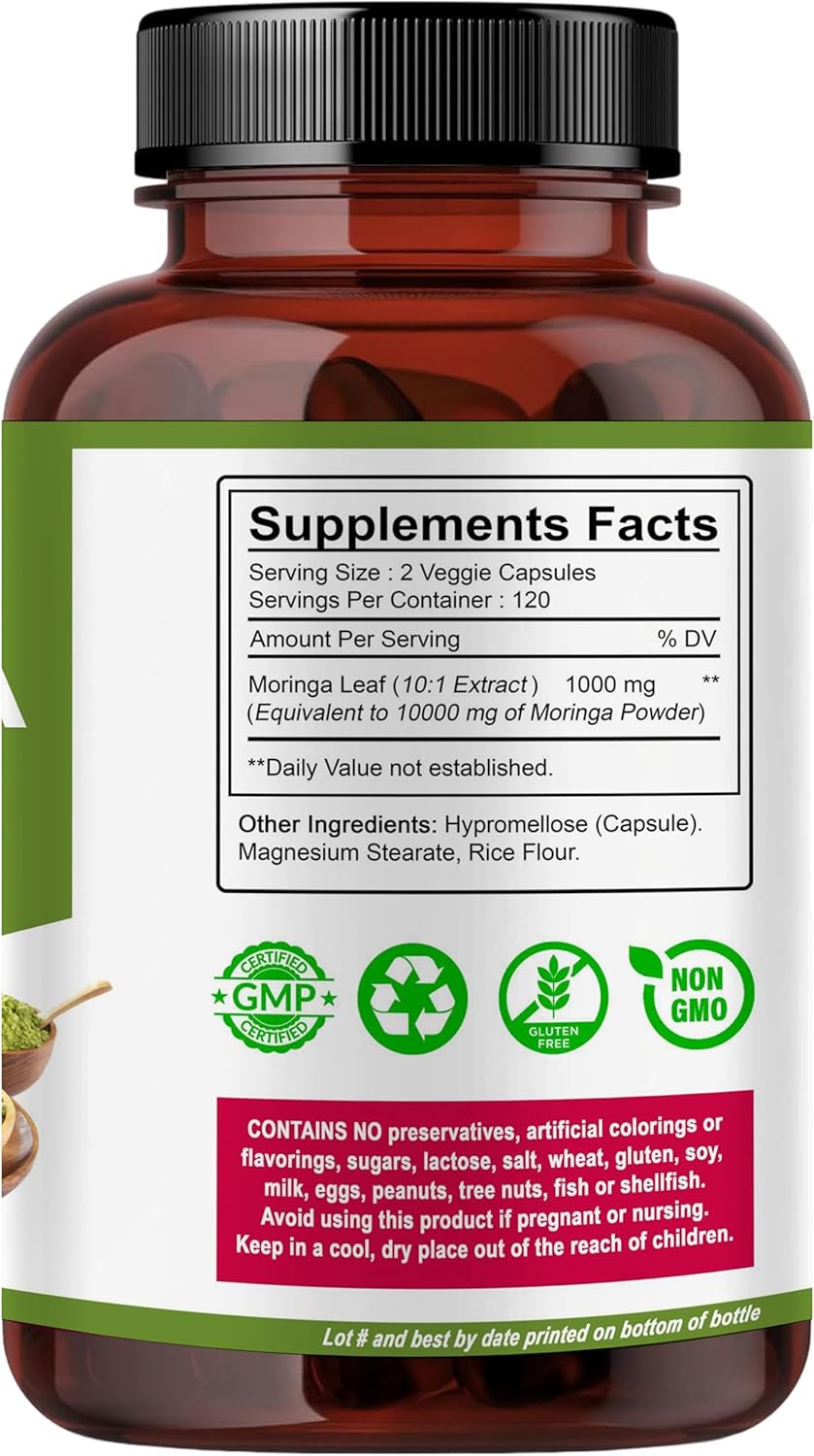 Organic CatWood Moringa Capsules - 10,000mg per Serving - Non-GMO and Gluten Free - 120 Capsules