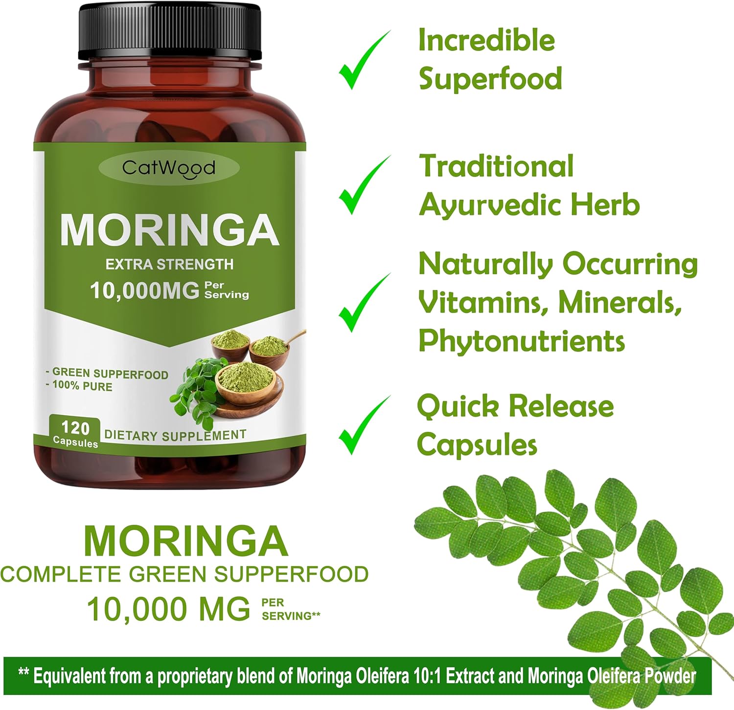 Organic CatWood Moringa Capsules - 10,000mg per Serving - Non-GMO and Gluten Free - 120 Capsules