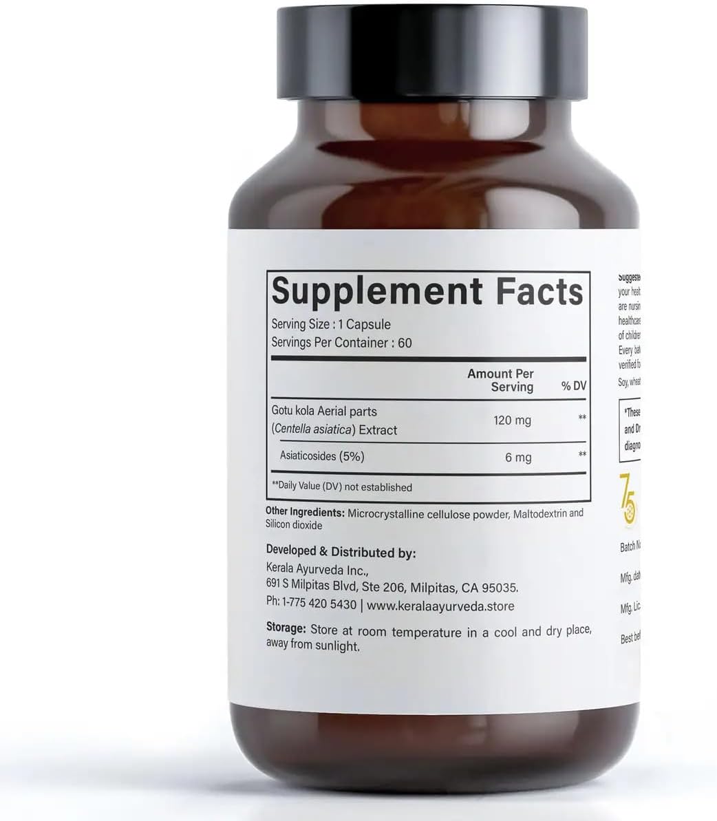 Organic Centella Asiatica Capsules for Memory, Focus & Stress Relief - Ayurvedic Nootropic Brain Supplement with Gotu Kola - 60 Veg Capsules