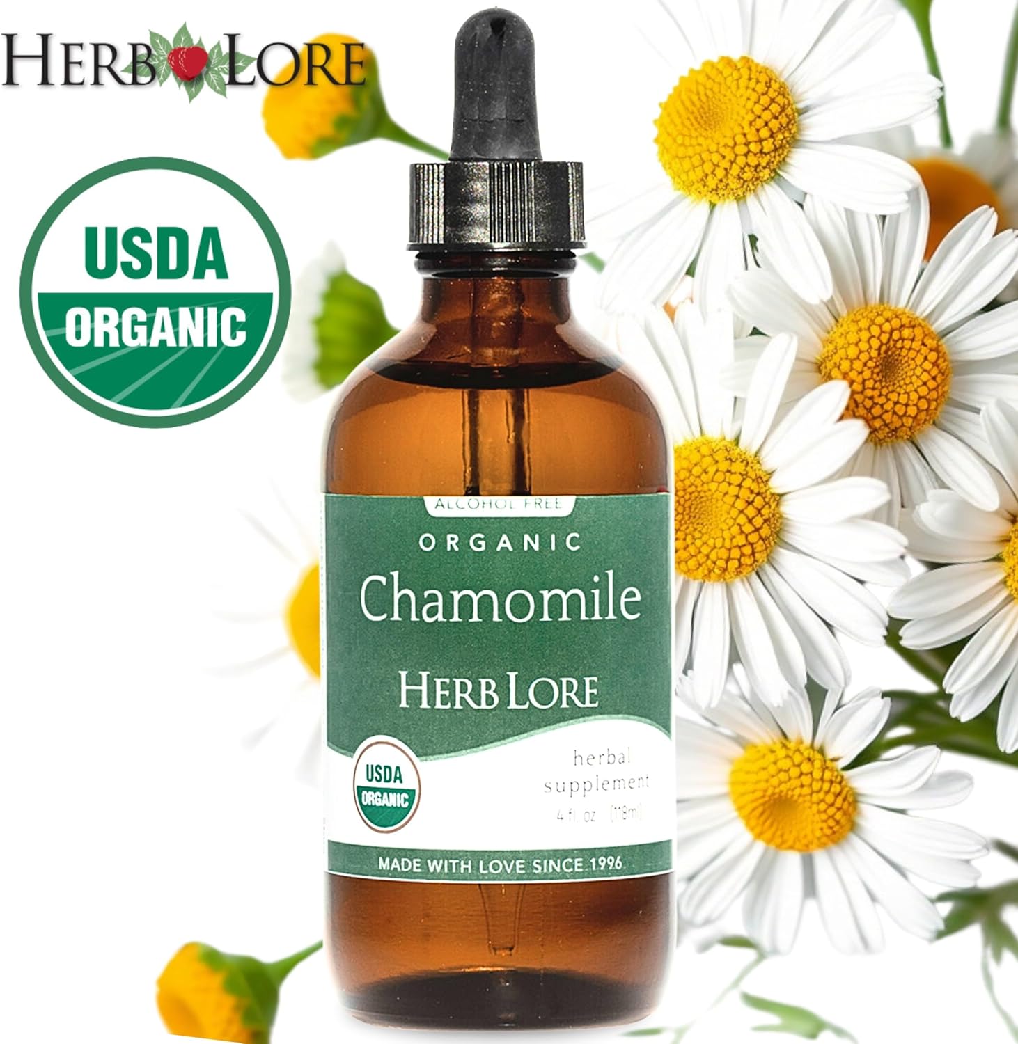 Organic Chamomile Tincture for Babies & Adults - Herb Lore Liquid Drops - Natural Sleep Aid without Melatonin - 4 fl oz