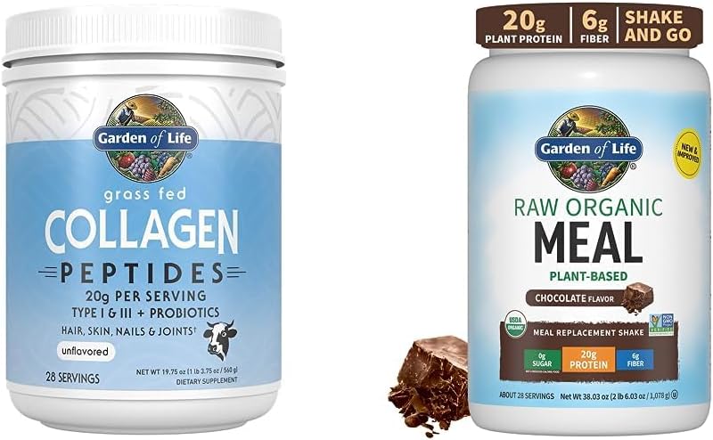 Organic Chocolate Collagen Protein Powder Shake, 19.75 Oz - Vegan Meal Replacement with Grass-Fed Peptides - 20g Protein