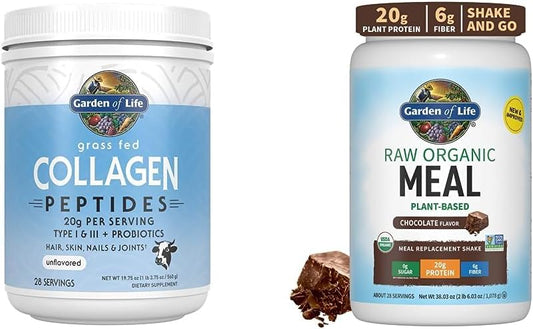 Organic Chocolate Collagen Protein Powder Shake, 19.75 Oz - Vegan Meal Replacement with Grass-Fed Peptides - 20g Protein