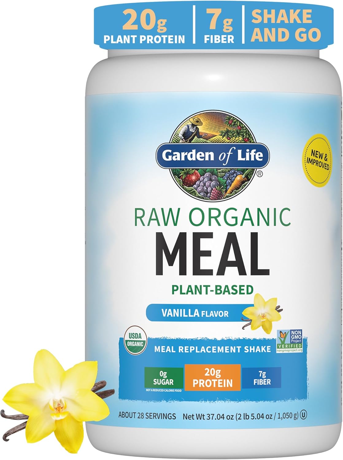Organic Chocolate Protein Greens Powder, 22 oz - Vegan Meal Replacement Shake - Vanilla Pea Protein