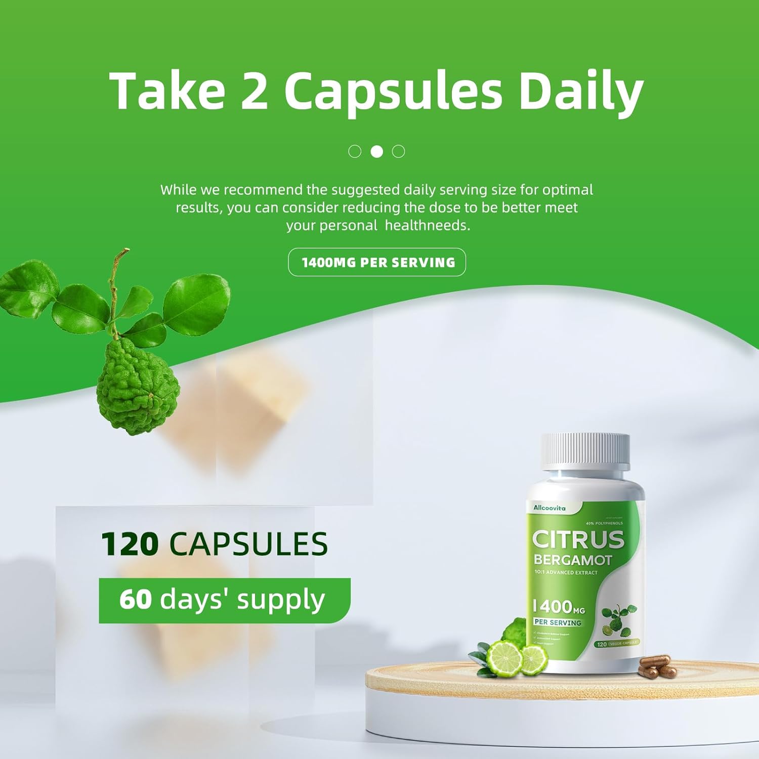 Organic Citrus Bergamot Capsules 1400mg - Heart Health Supplements with Essential Oil and Bioflavonoids - Non-GMO - 120 Pills for Women and Men