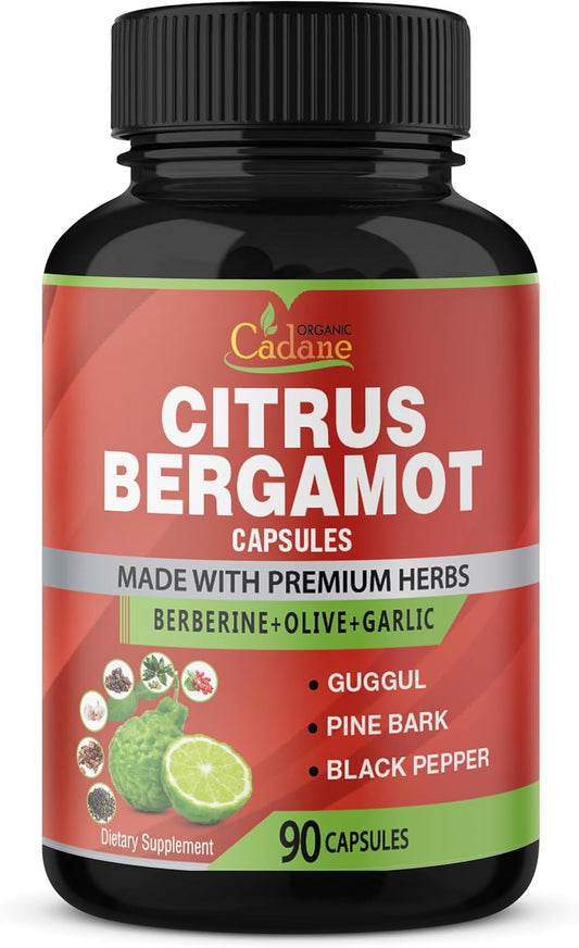 Organic Citrus Bergamot Capsules with Berberine, Olive, Guggul, Garlic, Pine Bark, Black Pepper - 90 Capsules, 3 Month Supply for Immune System & Overall Health
