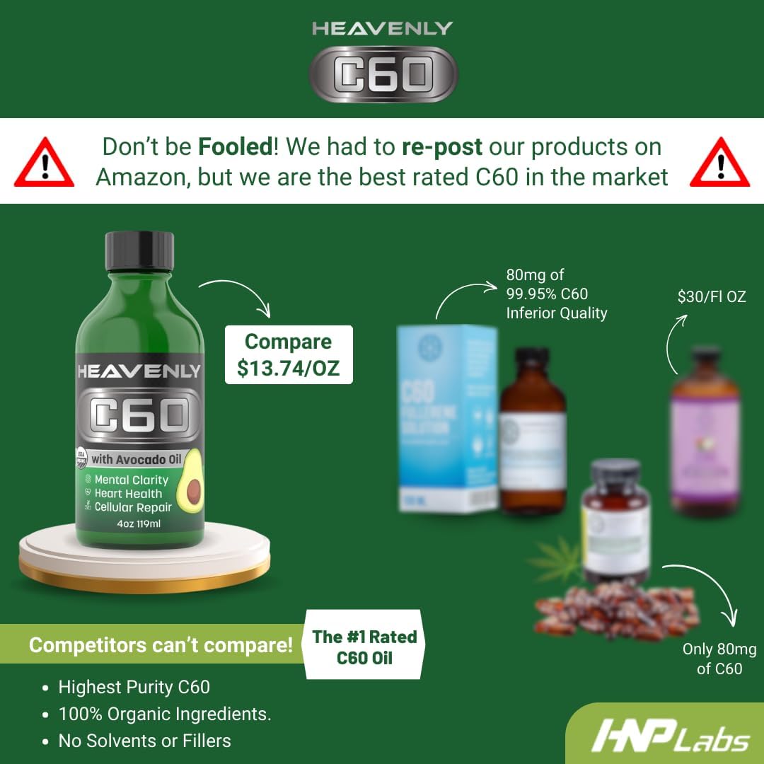 Organic Cold Pressed Avocado Oil with Sublimated C60 for Energy Boost and Mental Clarity - USA Made, GMP Certified for Safety - Slow Aging Naturally