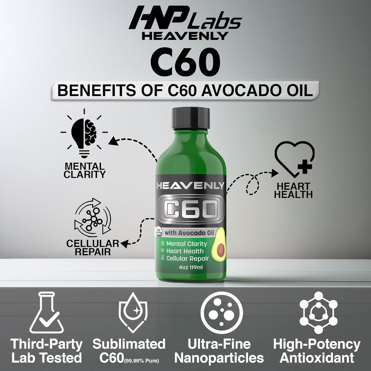 Organic Cold Pressed Avocado Oil with Sublimated C60 for Energy Boost and Mental Clarity - USA Made, GMP Certified for Safety - Slow Aging Naturally