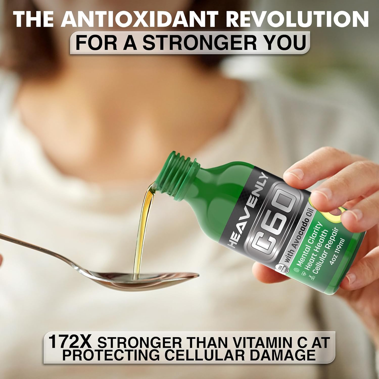 Organic Cold Pressed Avocado Oil with Sublimated C60 for Energy Boost and Mental Clarity - USA Made, GMP Certified for Safety - Slow Aging Naturally