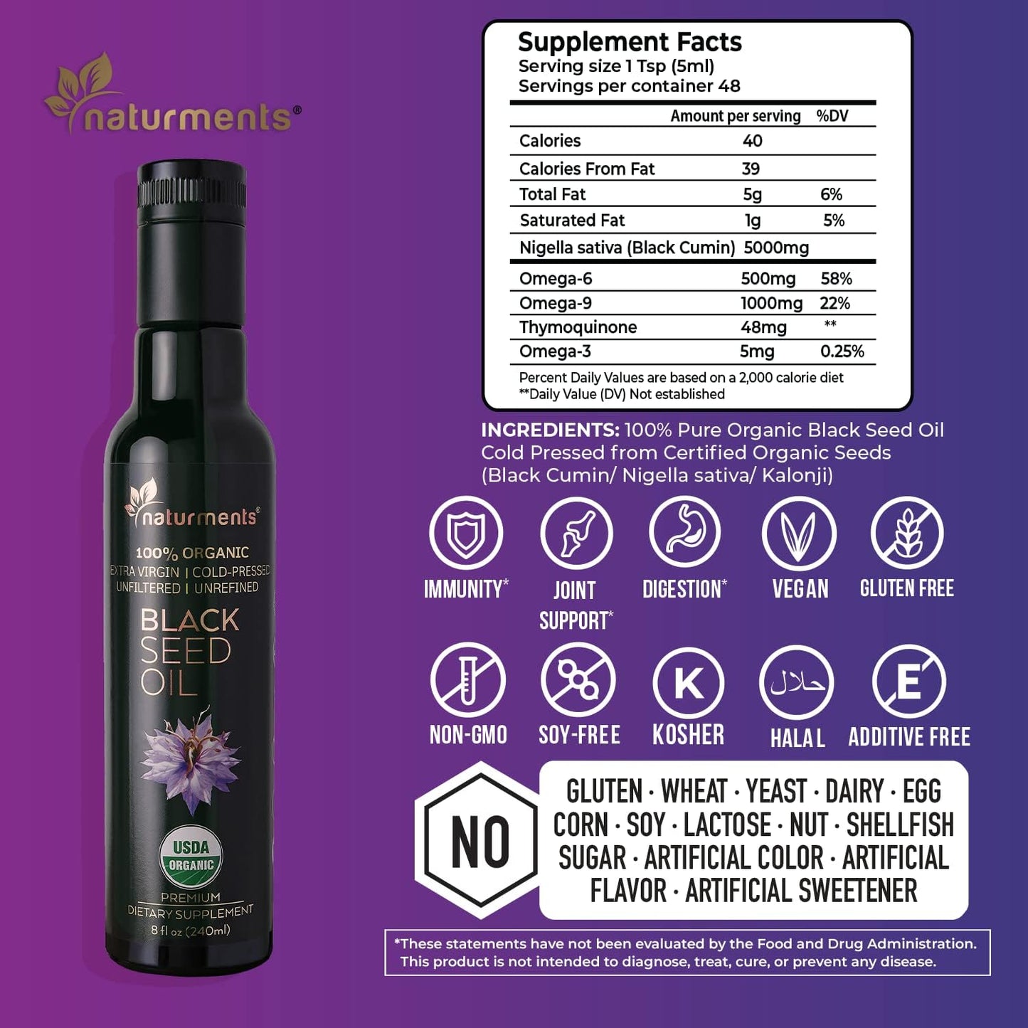 Organic Cold Pressed Black Seed Oil - USDA Certified, Vegan, Gluten Free, Nigella Sativa Oil for Immune Support, Joints, Digestion, Hair & Skin - 8oz