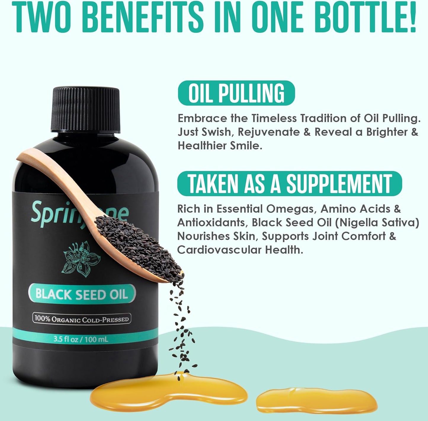Organic Cold Pressed Black Seed Oil for Oral and Skin Health, 100% Pure Nigella Sativa, Omega 3 6 9, 3.5 fl oz