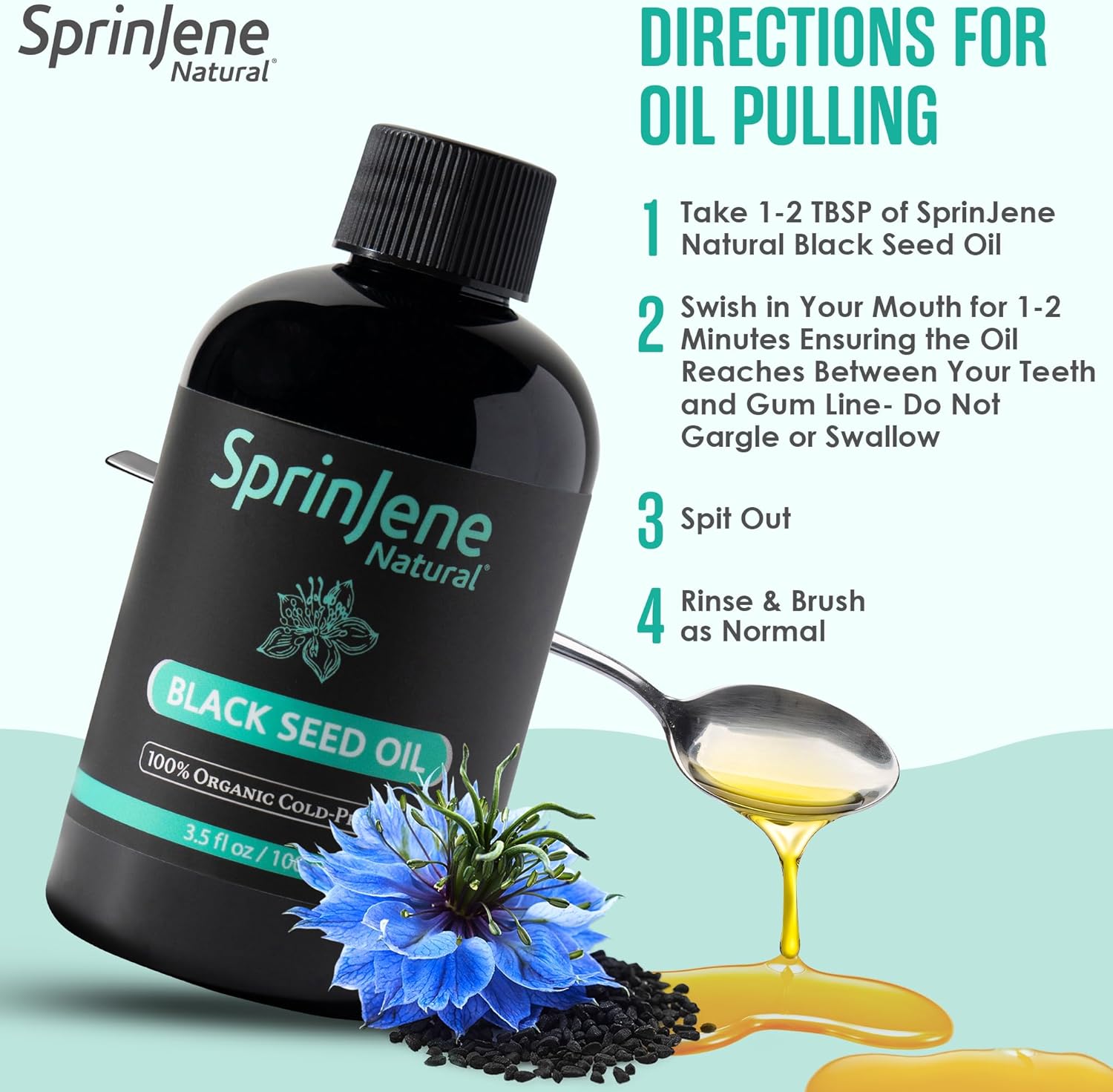 Organic Cold Pressed Black Seed Oil for Oral and Skin Health, 100% Pure Nigella Sativa, Omega 3 6 9, 3.5 fl oz