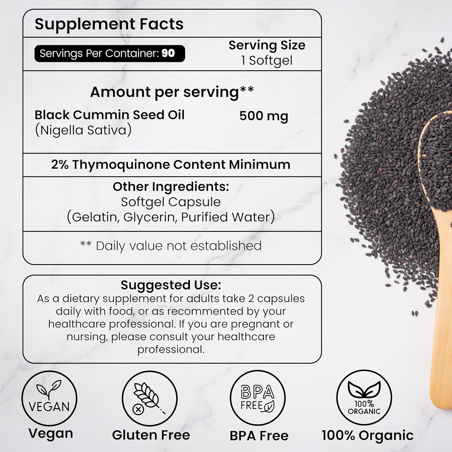 Organic Cold Pressed Black Seed Oil Softgel Capsules - 90 Count - Immunity Support & Overall Health - Herbal Blend