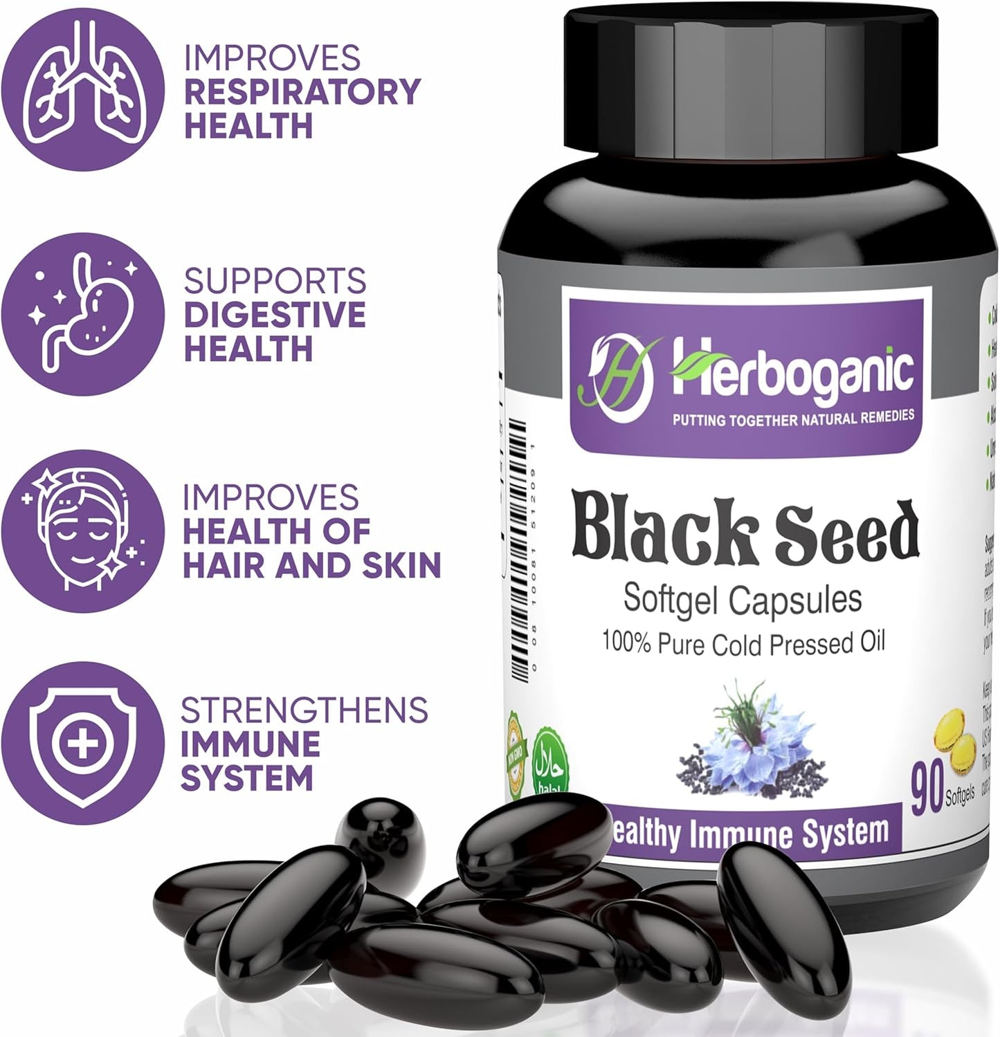 Organic Cold Pressed Black Seed Oil Softgel Capsules - 90 Count - Immunity Support & Overall Health - Herbal Blend