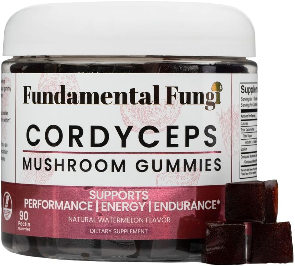 Organic Cordyceps Mushroom Gummies for Adults | 90 Servings | Watermelon Flavor | Boost Stamina, Energy & Endurance | Energizing Performance Gummies