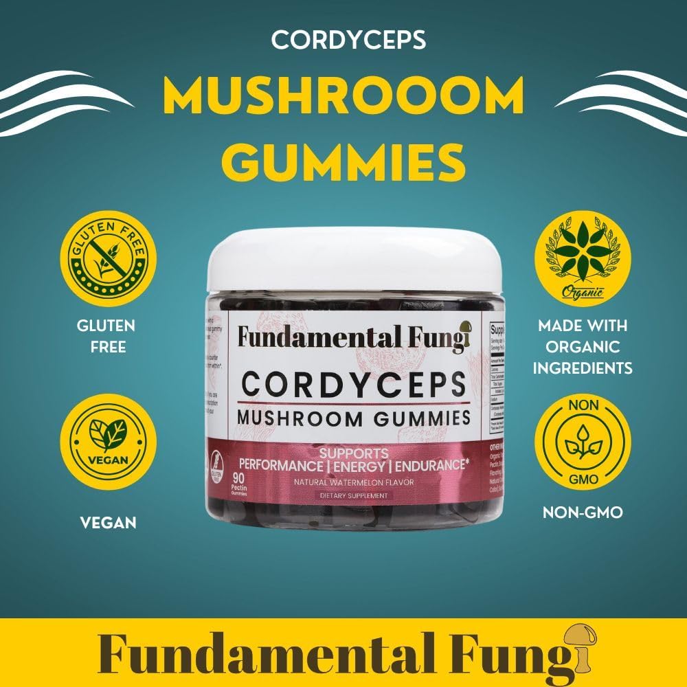 Organic Cordyceps Mushroom Gummies for Adults | 90 Servings | Watermelon Flavor | Boost Stamina, Energy & Endurance | Energizing Performance Gummies