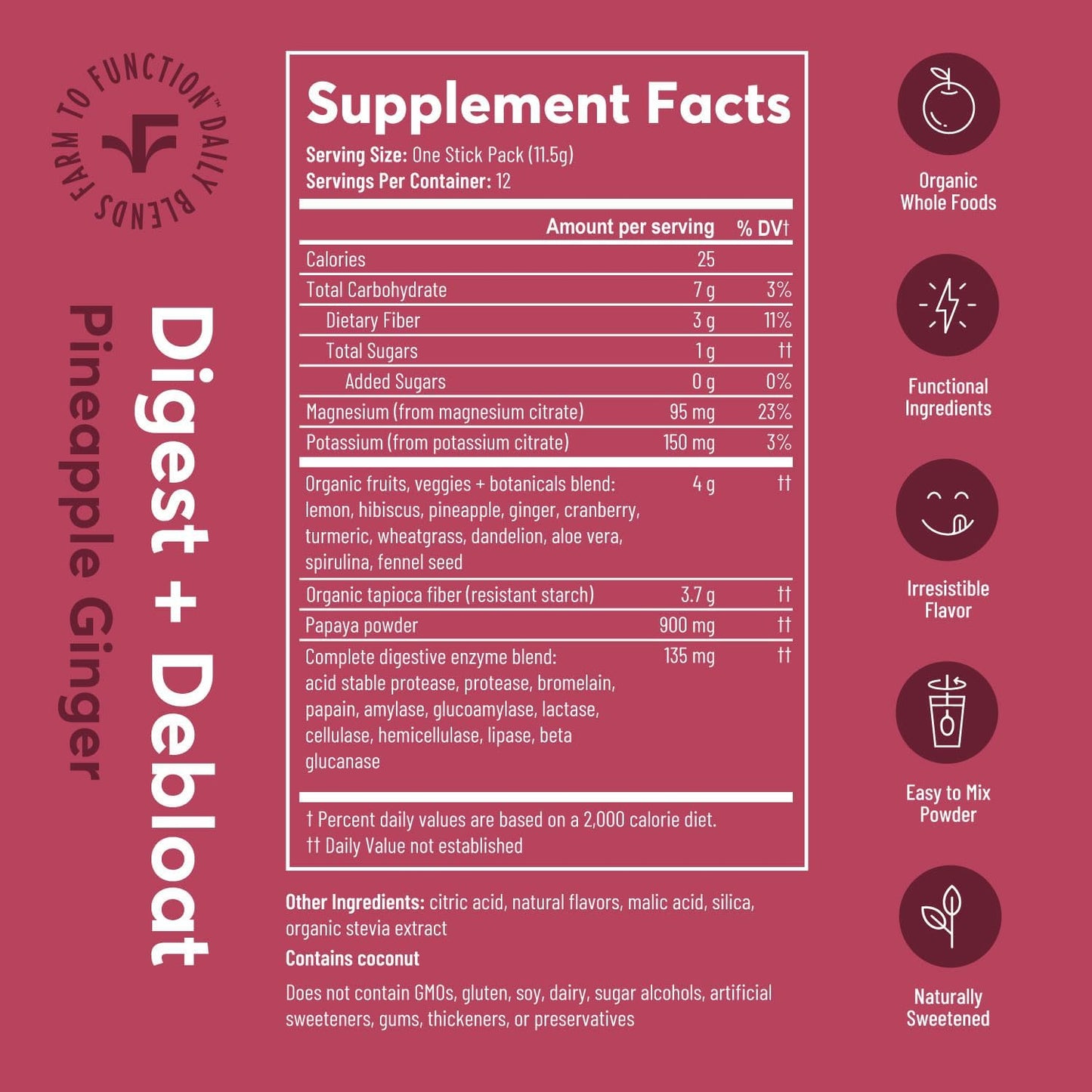Organic Digestive Enzyme Drink Mix - Anti-Bloating Supplement with Prebiotics, Superfoods - Pineapple Ginger Flavor