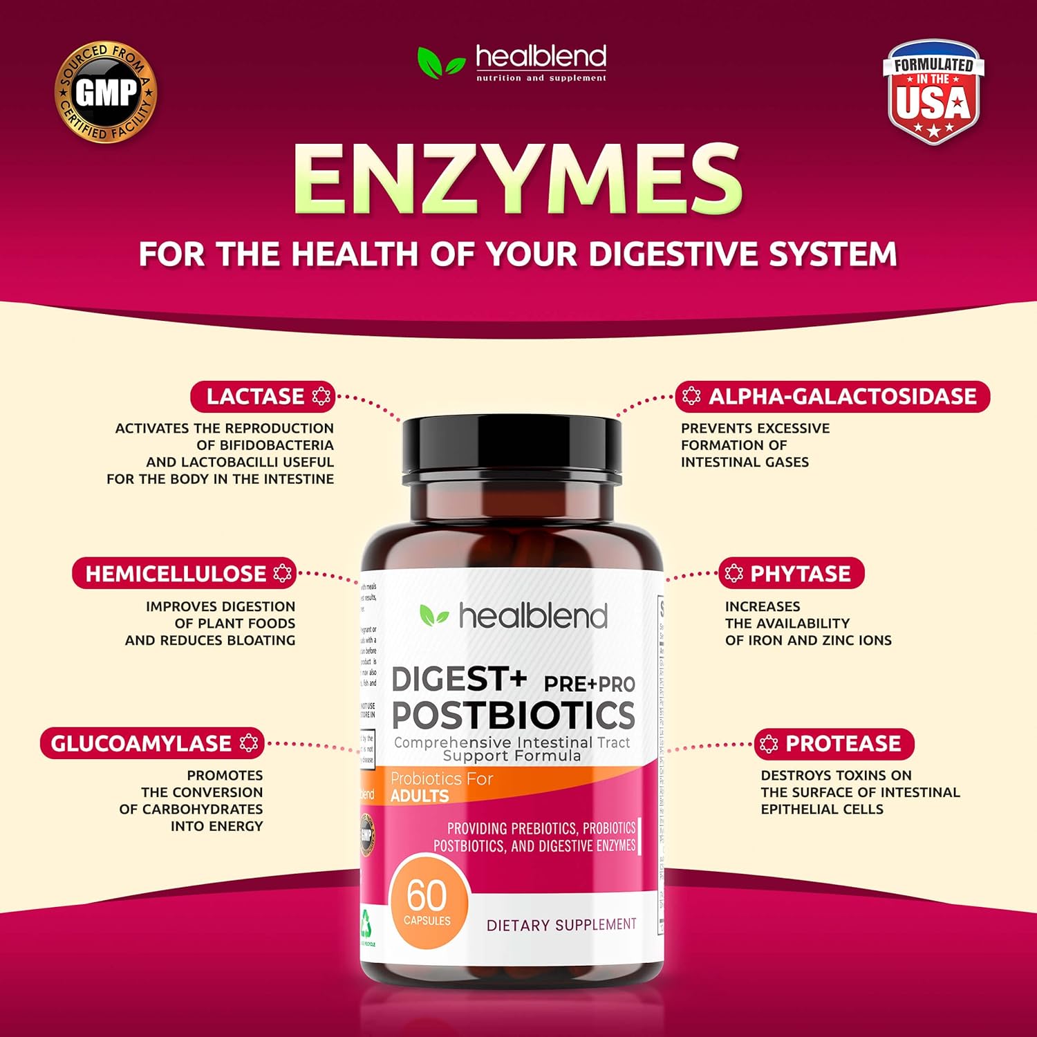 Organic Digestive Health Supplement for Women and Men - Enzymes, Prebiotics & Probiotics - Non-GMO, Gluten-Free - 60 Vegetarian Capsules