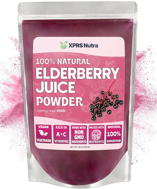 Organic Elderberry Juice Powder with Vitamins A and C - 16 oz Powdered Elderberries Supplement by XPRS Nutra